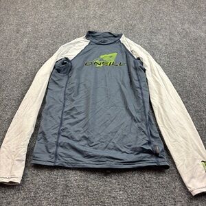 O’NEILL Boys Long Sleeve Grey/White Skins 6oz 50+ UV Protection RashGuard Sz: 16